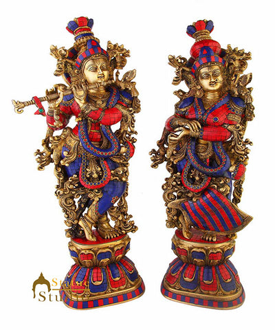Brass Hindu God Radha Krishna statue nepal turquoise coral religious décor 29"