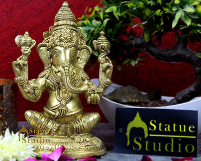 Brass hindu gods lord ganesha sitting indian handicratfs scupture idol figure 7"