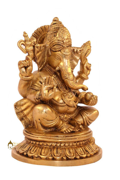 Antique brass hindu gods elephant lord ganesha statue sitting on base 8"