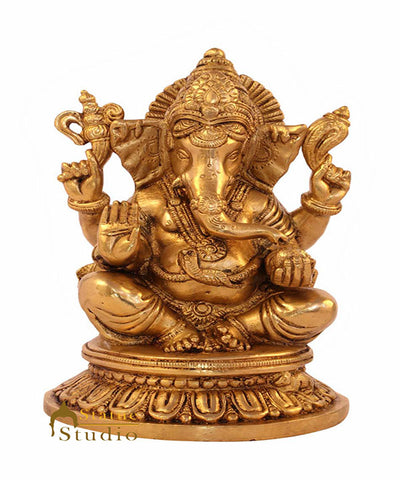 Antique brass hindu gods elephant lord ganesha statue sitting on base 8"