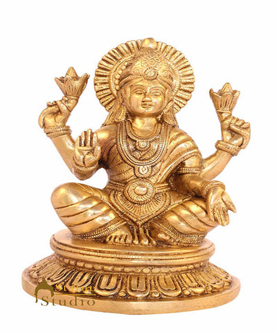 Brass hindu goddess of wealth sitting on base religious room décor 8"