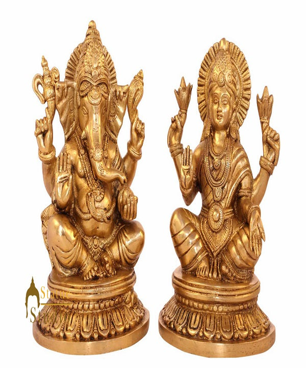 Brass ganesha laxmi pair statue india hindu gods hand carved hand made idol 8"