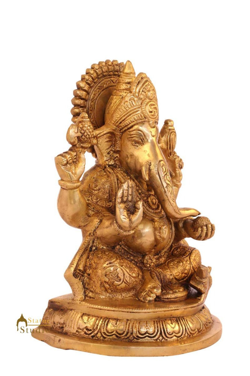 Brass indian ganesha sitting murti idol figure religious hindu gods statue 8"