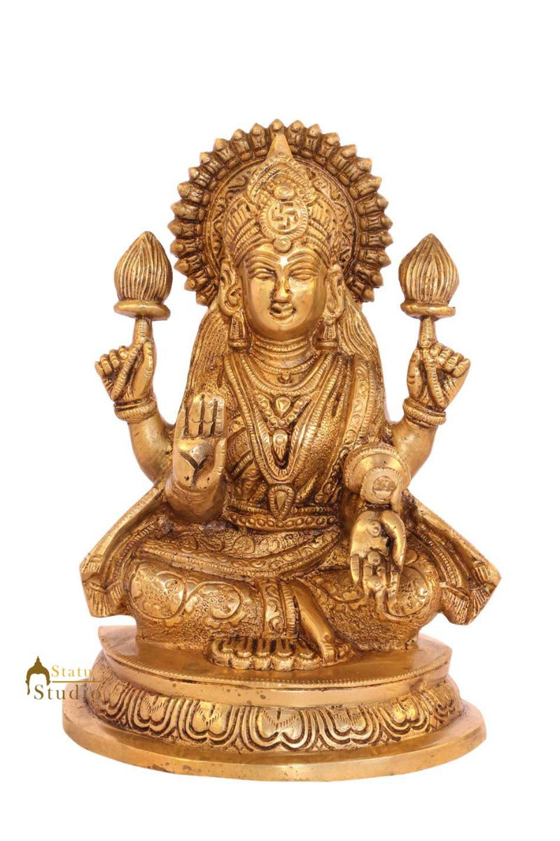 Brass goddess of wealth hinduism indian hand crafted idol figure 8"