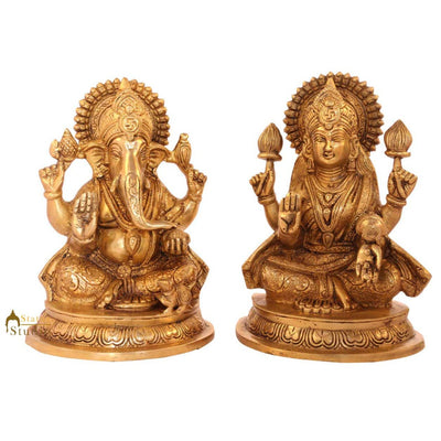 Brass ganesha laxmi pair statue india hindu gods hand carved hand made figure 8"