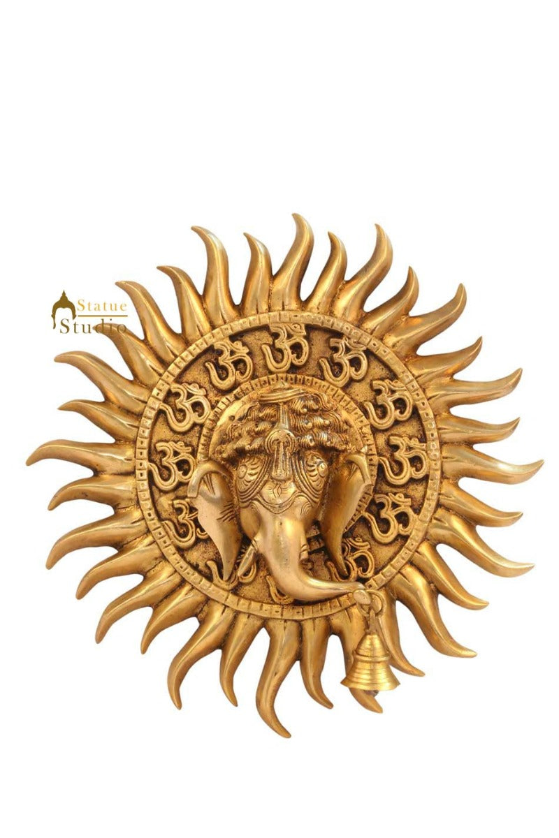 Brass hindu god lord ganesha om sun mask wall décor removable hanging showpiece