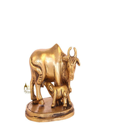 Brass sacred holy cow calf religious pair statue idol miniature pooja figure 2"