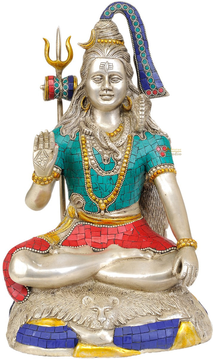 Brass Blessing Shiva Statue Silver Turquoise Coral 13 Inches 357600