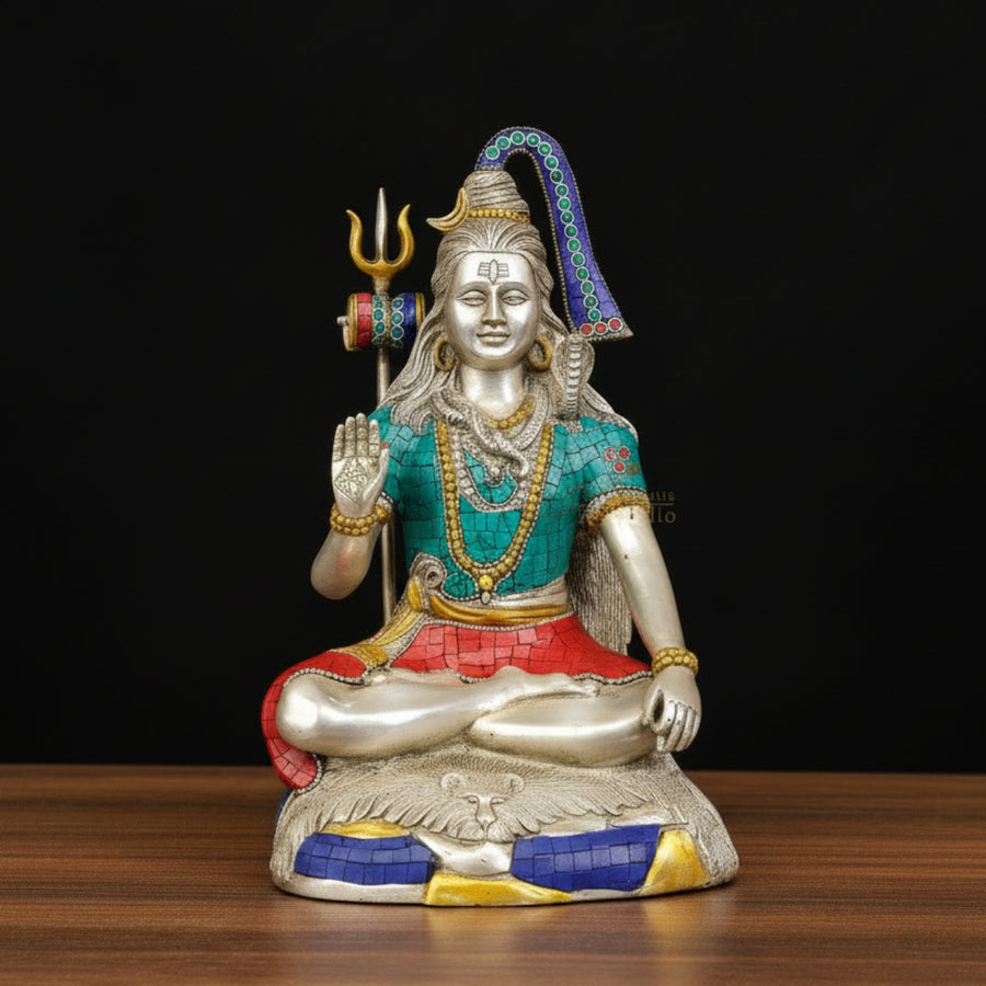 Brass Blessing Shiva Statue Silver Turquoise Coral 13 Inches 357600