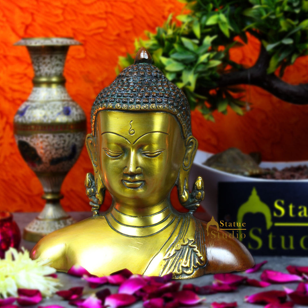 Brass Buddha Bust Statue Copper Patina Finish For Home Decor 7 Inch 70000