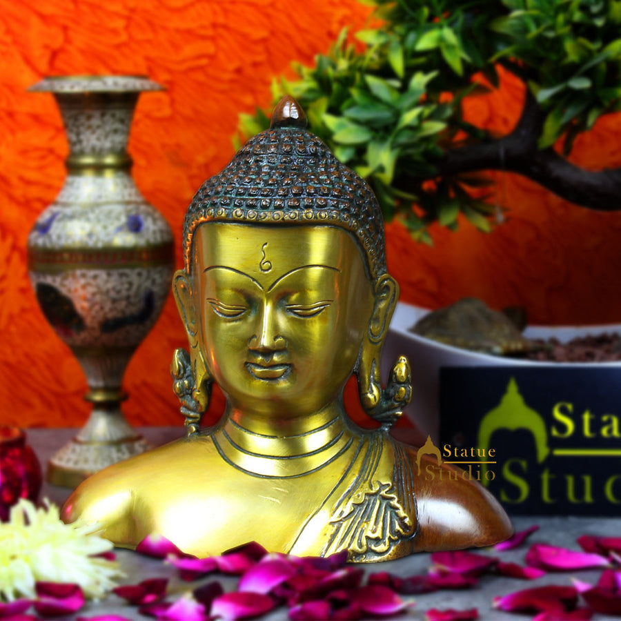 Brass Buddha Bust Statue Copper Patina Finish For Home Decor 7 Inch 70000