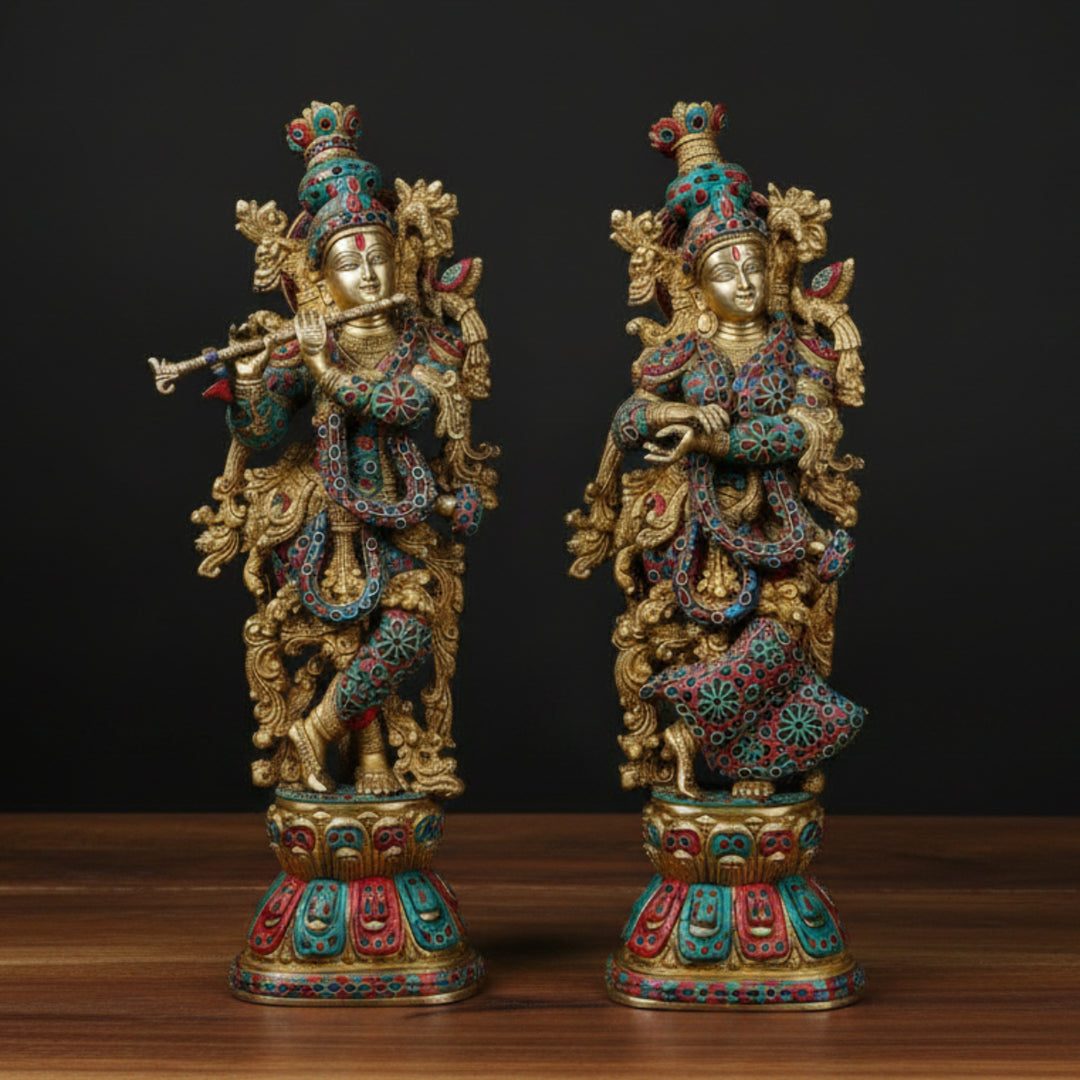 Brass Fine Radha Krishna Idol Stone Work Masterpiece For Decor 29 Inch 459804