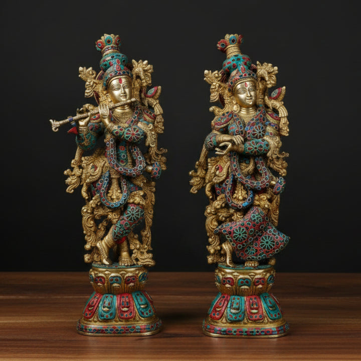 Brass Fine Radha Krishna Idol Stone Work Masterpiece For Decor 29 Inch 459804