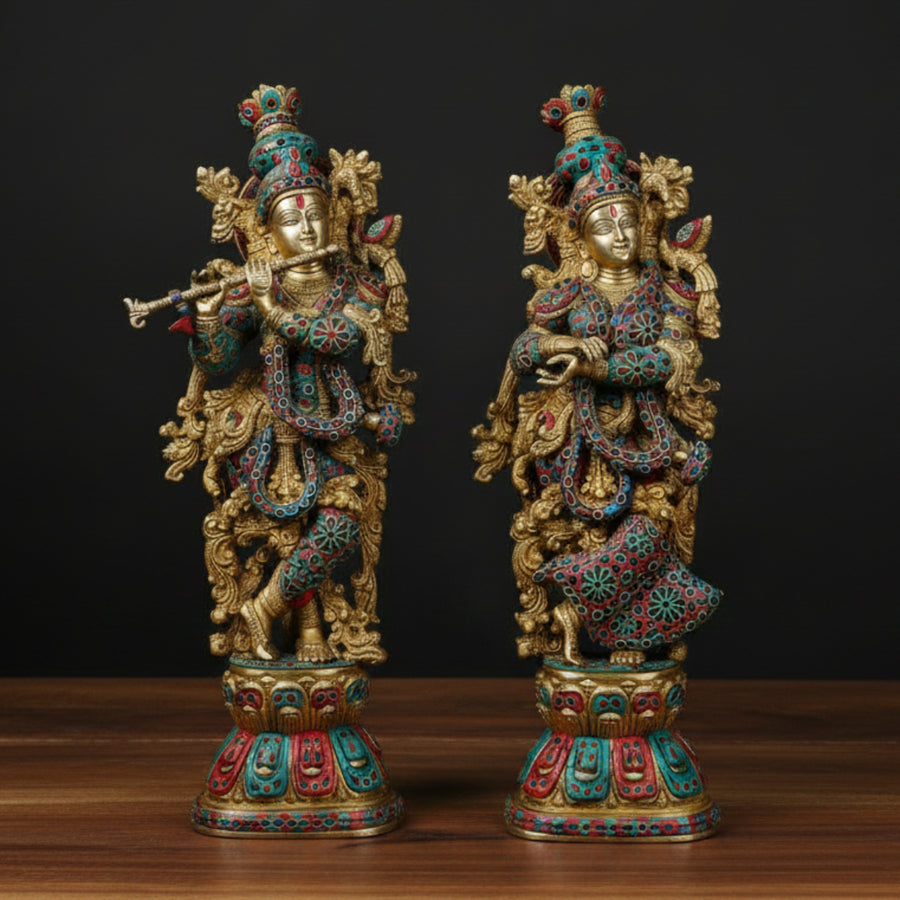 Brass Fine Radha Krishna Idol Stone Work Masterpiece For Decor 29 Inch 459804