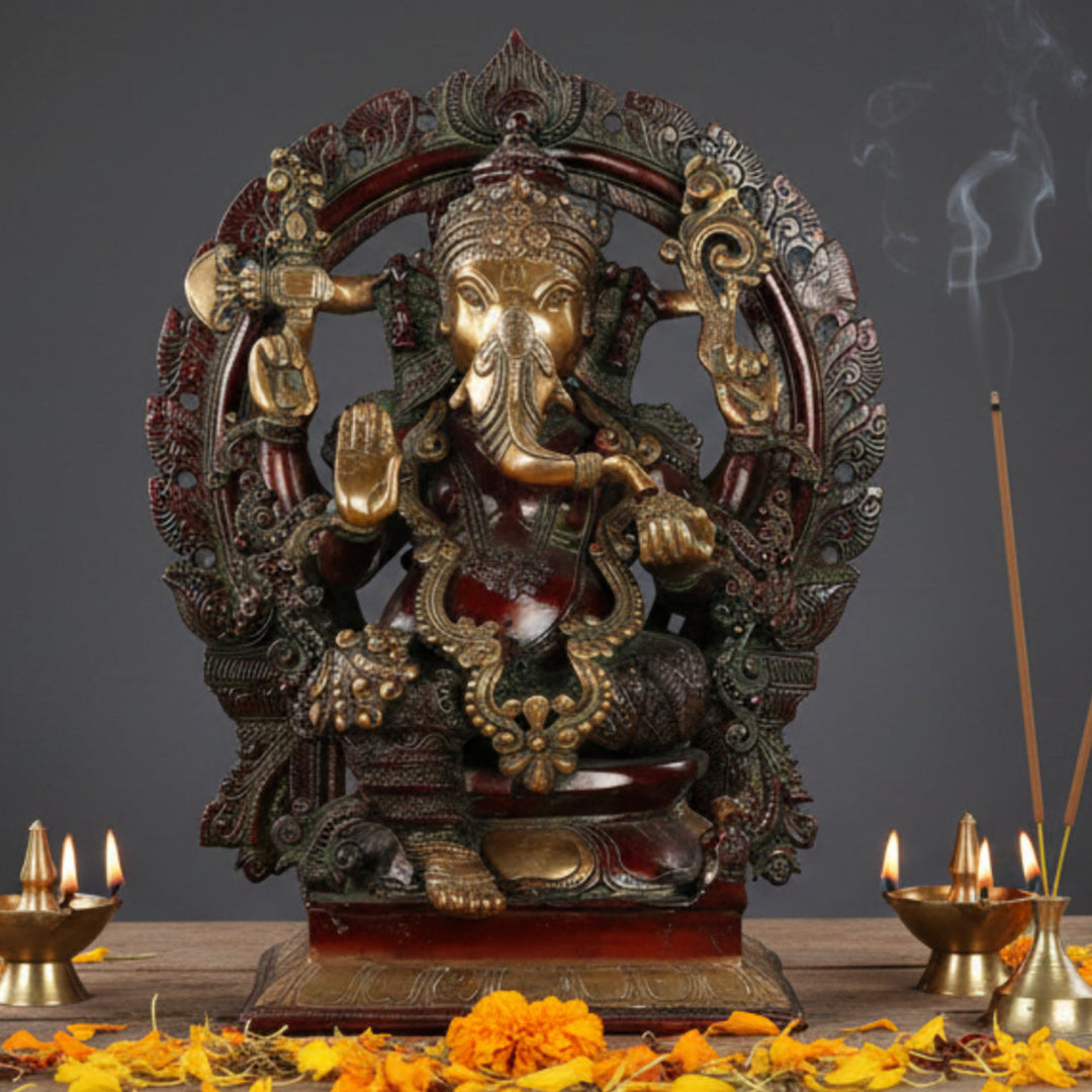 Brass Fine Sitting Ganesha Statue Antique Finish For Home Decor 18 Inch 459876