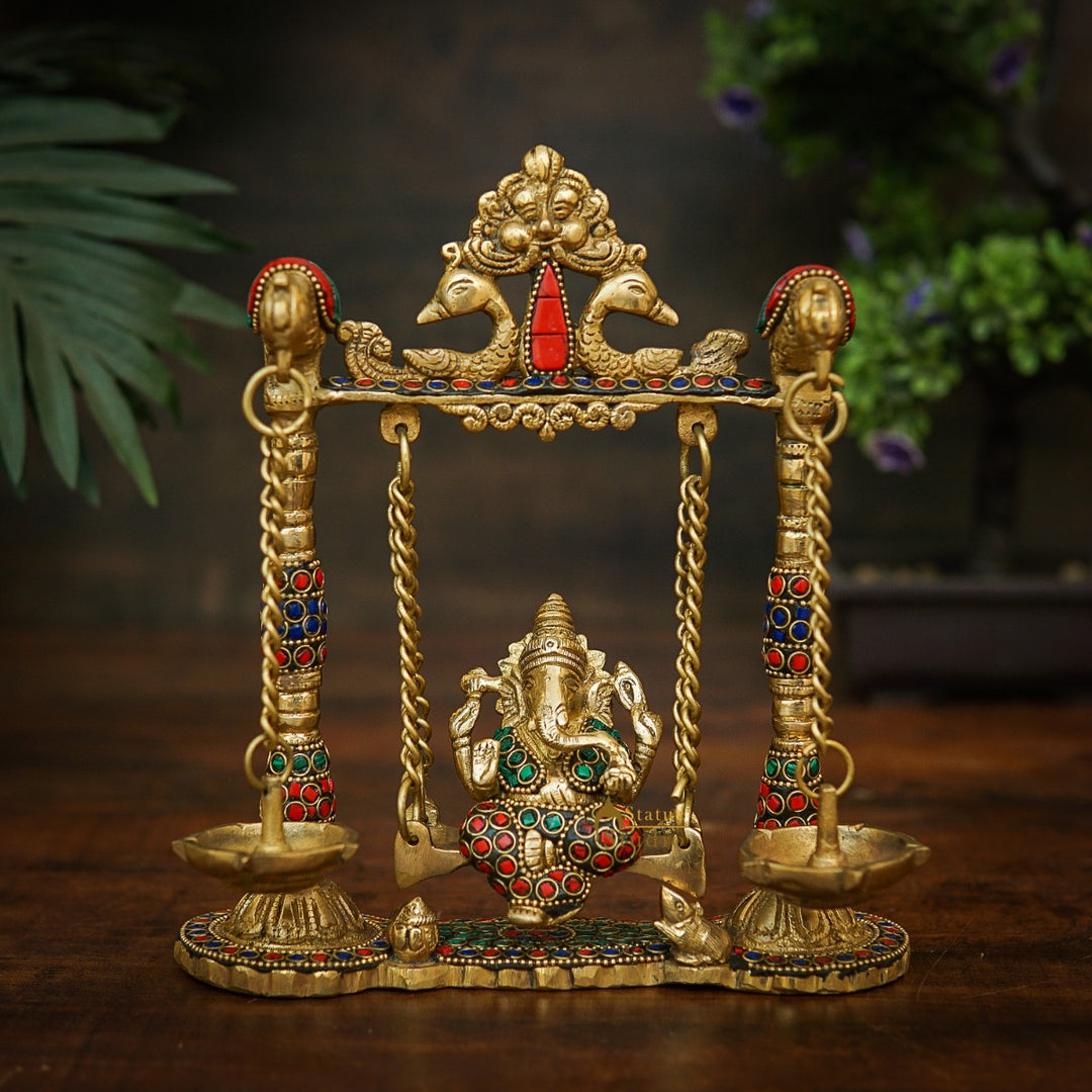 Brass Ganesha Idol On Swing For Home Diwali Decor Statue 9 Inch 462100