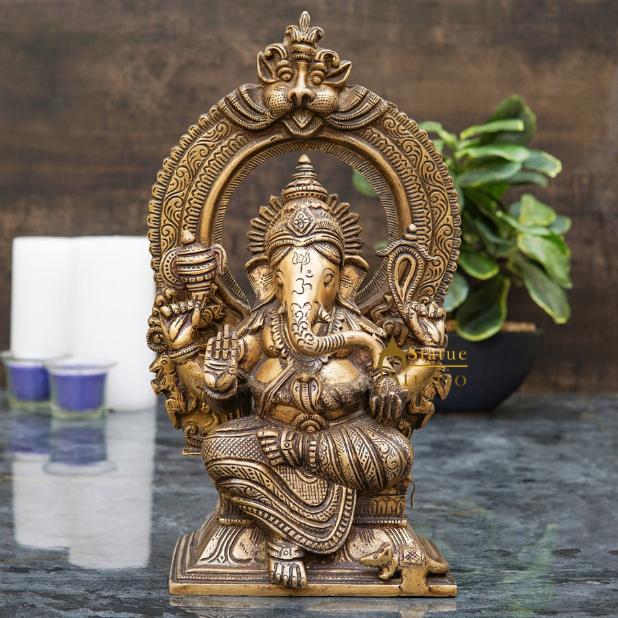 Brass Ganesha Idol Sitting On Throne For Home Decor Gift 12 Inch 461787