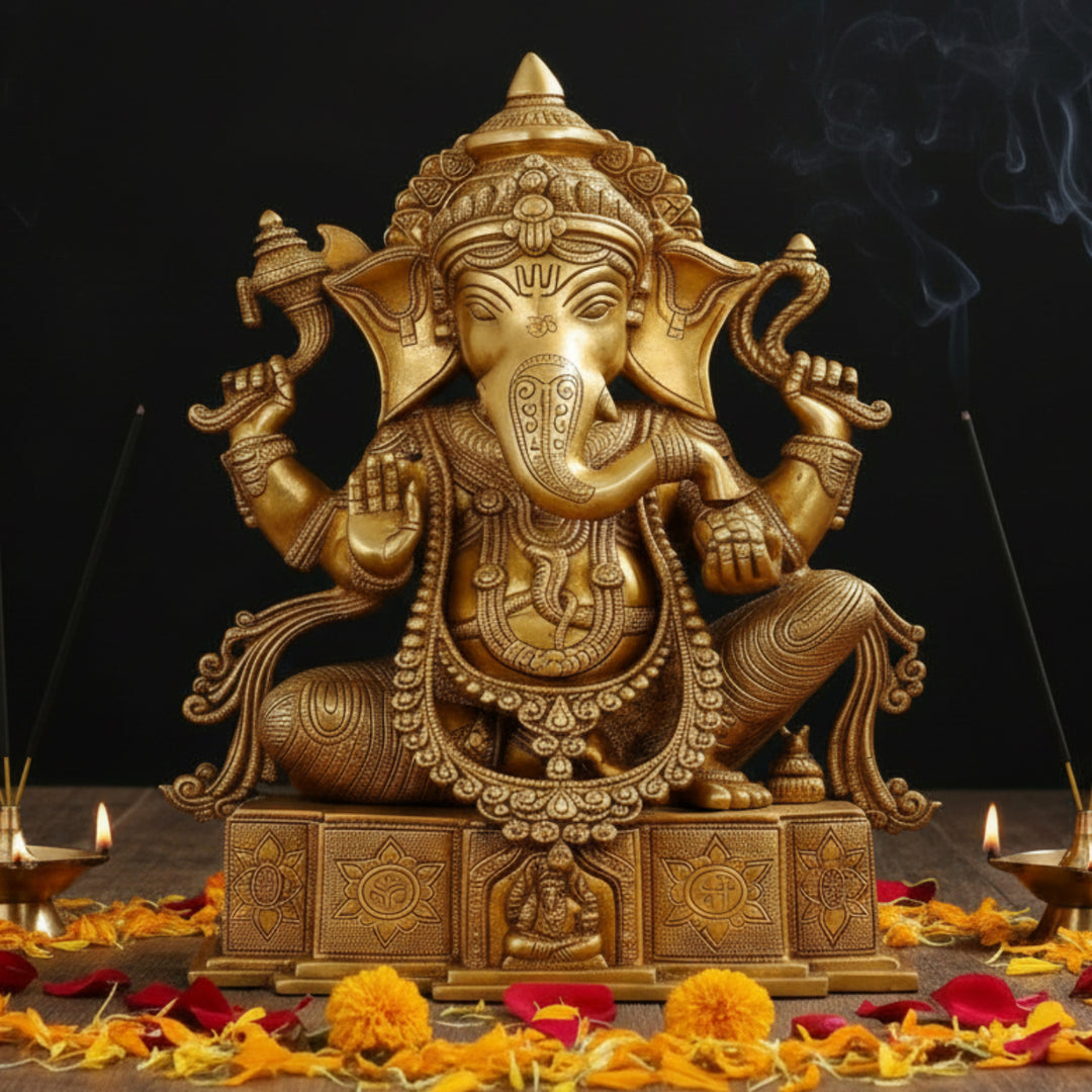Brass Ganesha Statue Seated On OM Base For Home Decor 18 Inch 461239