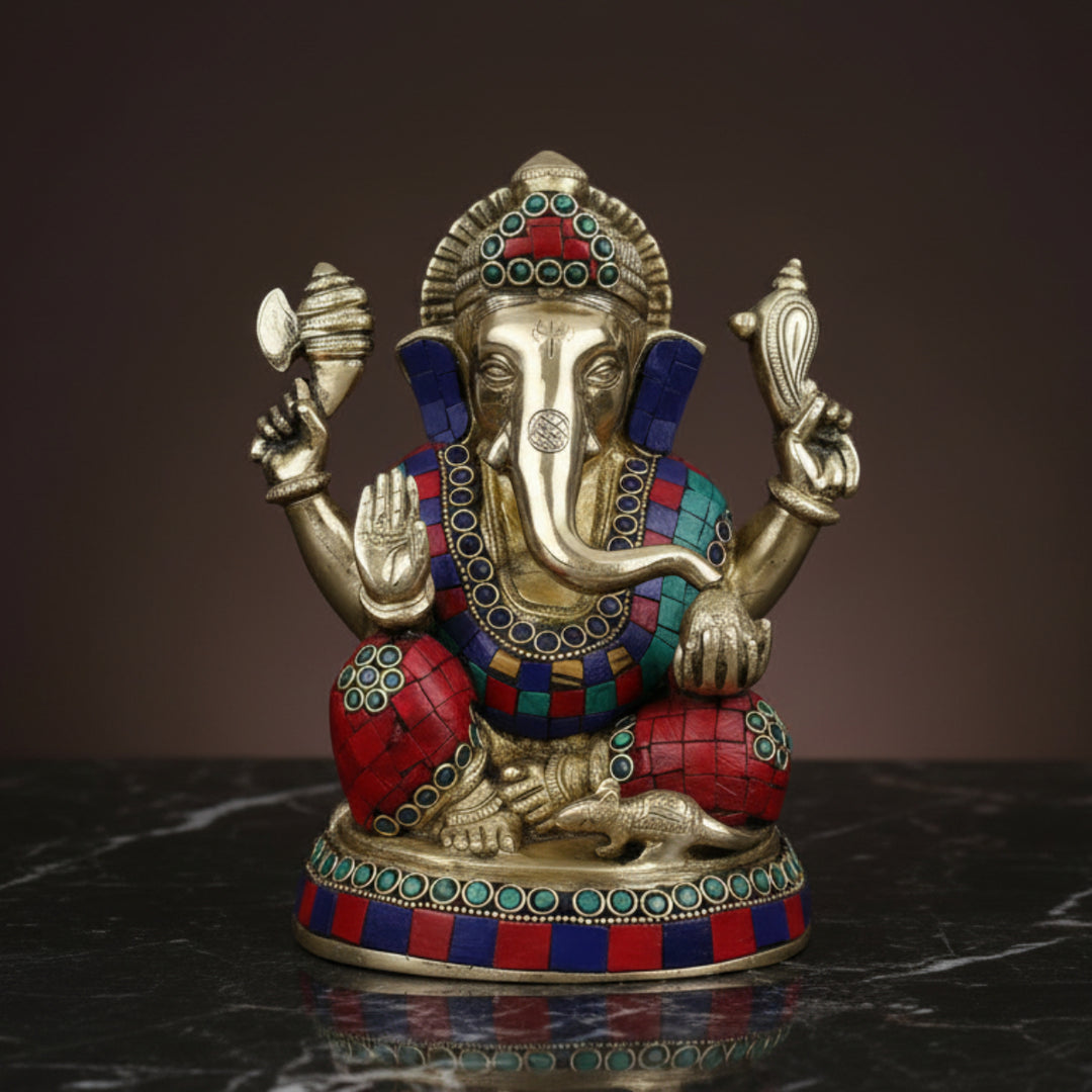 Brass Ganesha Statue Stone Work For Home Decor Gift 8 Inch 428600_C