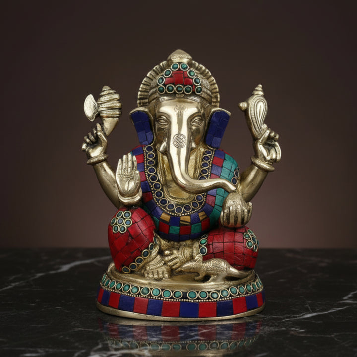 Brass Ganesha Statue Stone Work For Home Decor Gift 8 Inch 428600_C