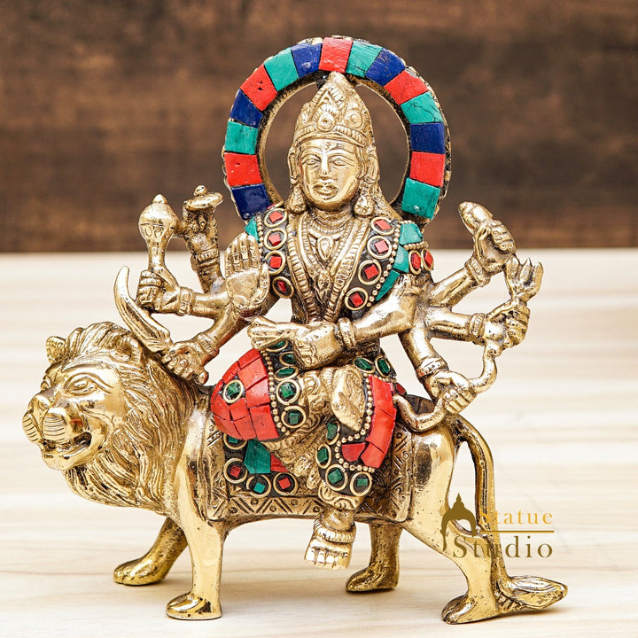Brass Goddess Durga Statue Stone Work For Home Temple Decor 6 Inch - 461472