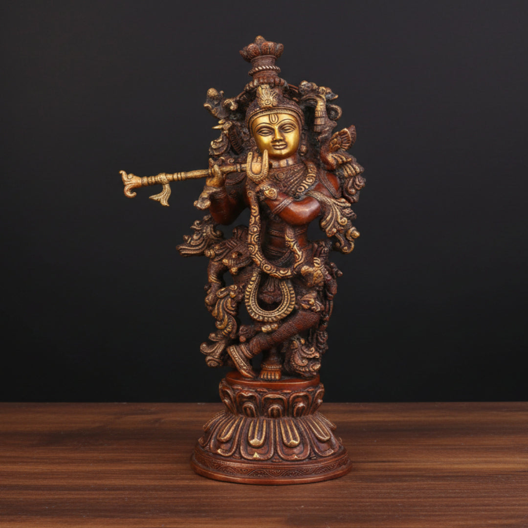 Brass Krishna Idol Copper Patina Finish For Home Decor 21 Inch 392800