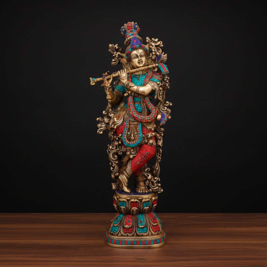 Brass Krishna Idol Stone Work For Home Office Decor Gifting Showpiece 29 Inch 438800