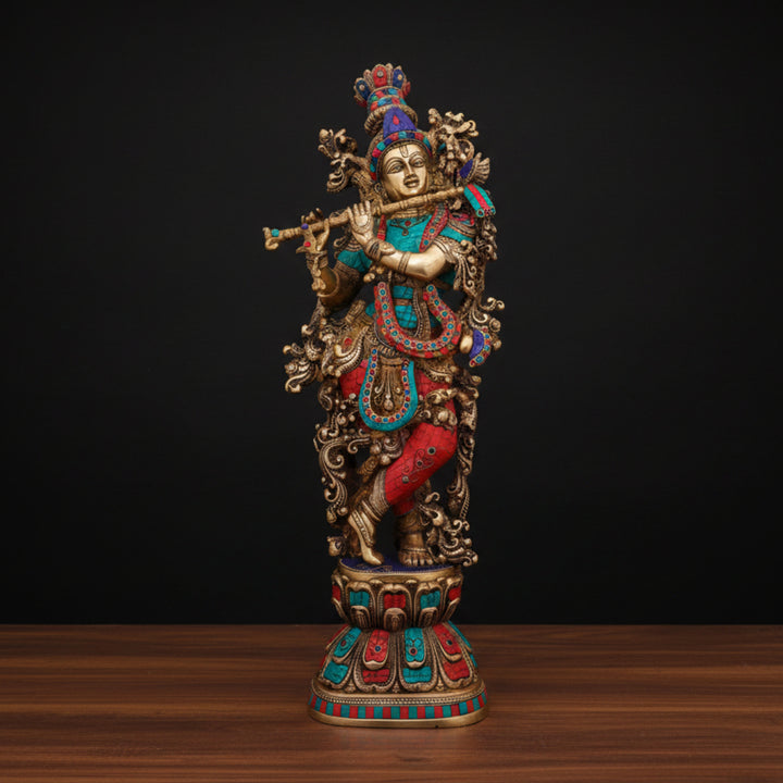 Brass Krishna Idol Stone Work For Home Office Decor Gifting Showpiece 29 Inch 438800