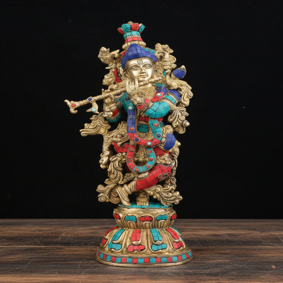 Brass Krishna Idol Stone Work For Home Temple Decor 21 Inch 376700