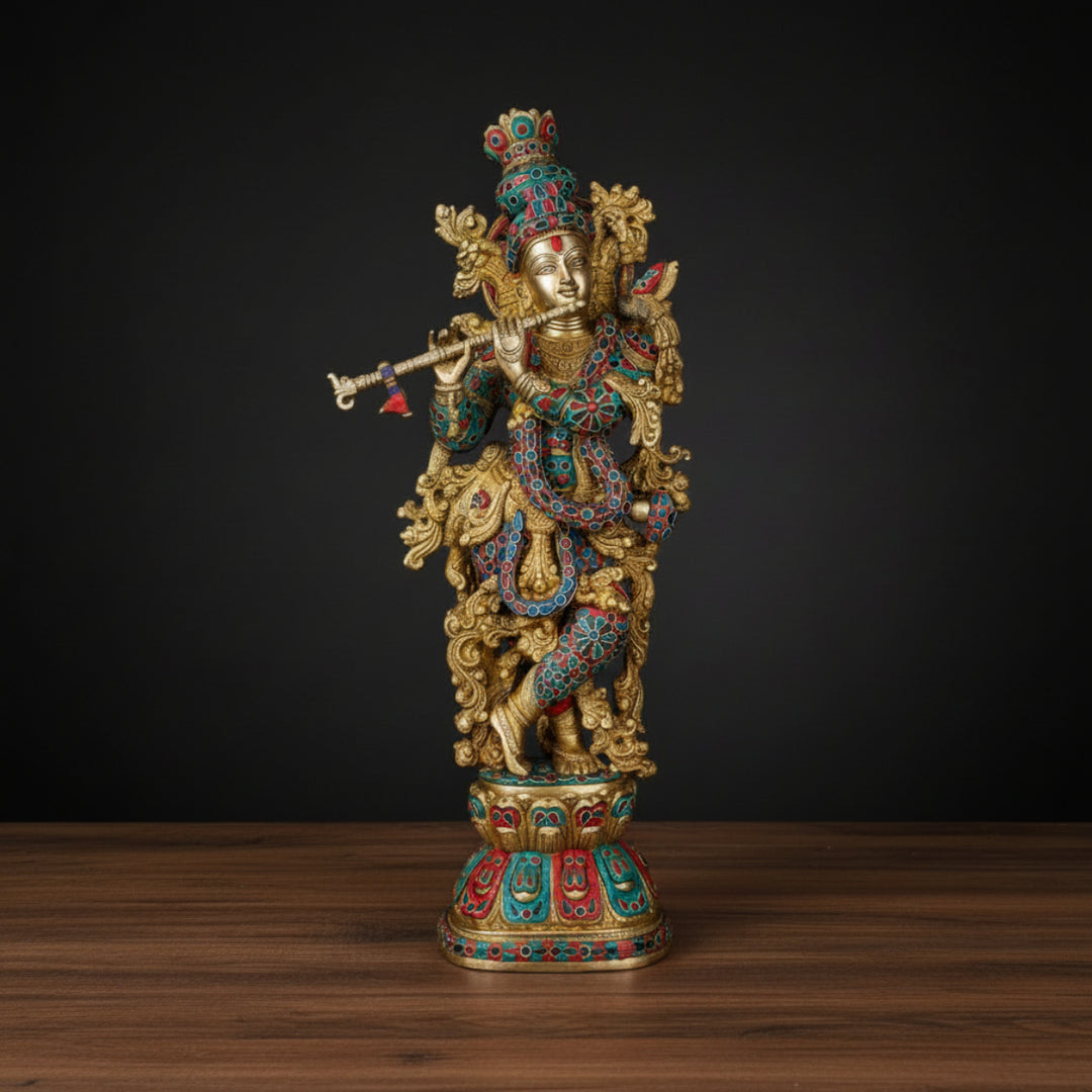 Brass Krishna Idol Very Fine Stone Work For Home Decor 29 Inch 459803