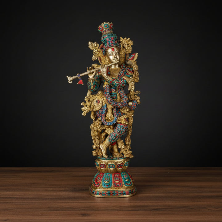 Brass Krishna Idol Very Fine Stone Work For Home Decor 29 Inch 459803