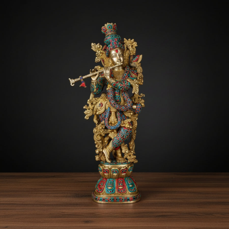 Brass Krishna Idol Very Fine Stone Work For Home Decor 29 Inch 459803