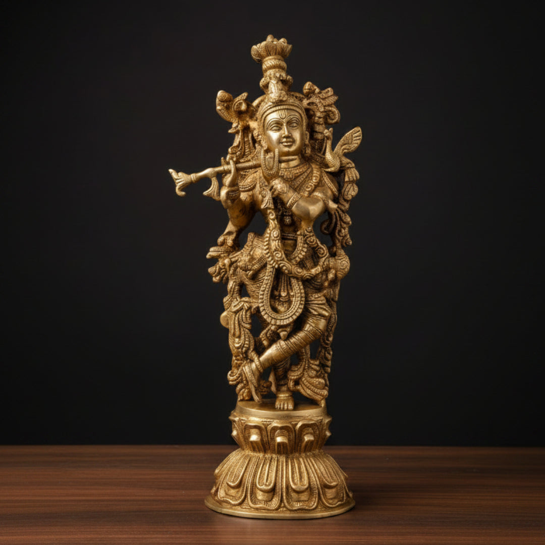 Brass Krishna Statue Golden Finish For Home Temple Decor 16 Inch 93700