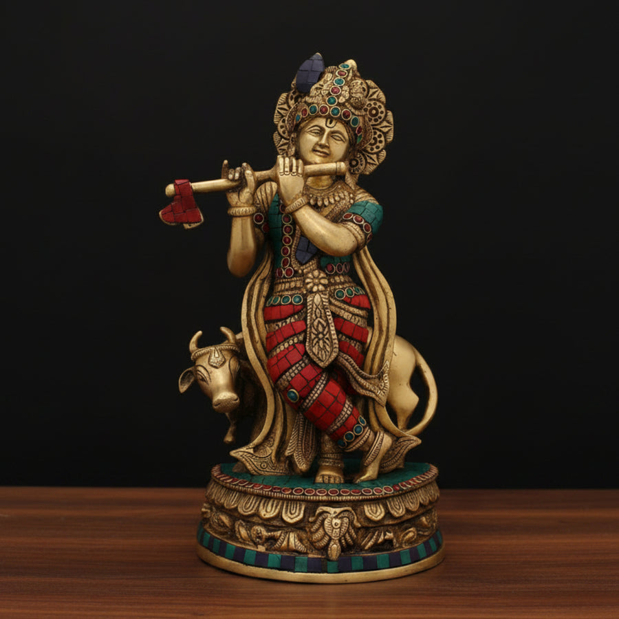 Brass Krishna Statue with Cow Stone Work For Home Decor 13 Inch 62200
