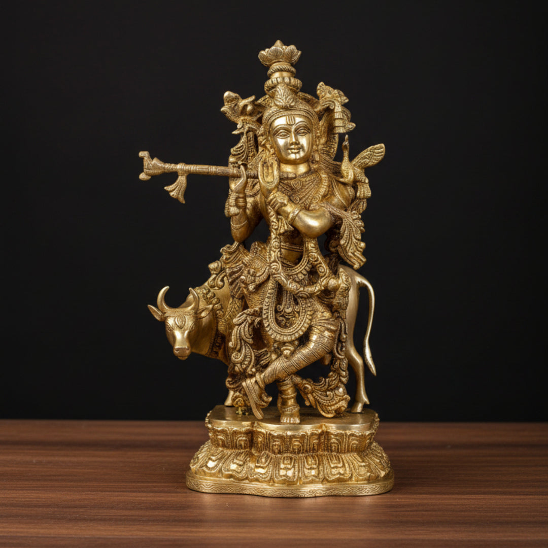 Brass Krishna Statue with Holy Cow For Home Decor 17 Inch 318800