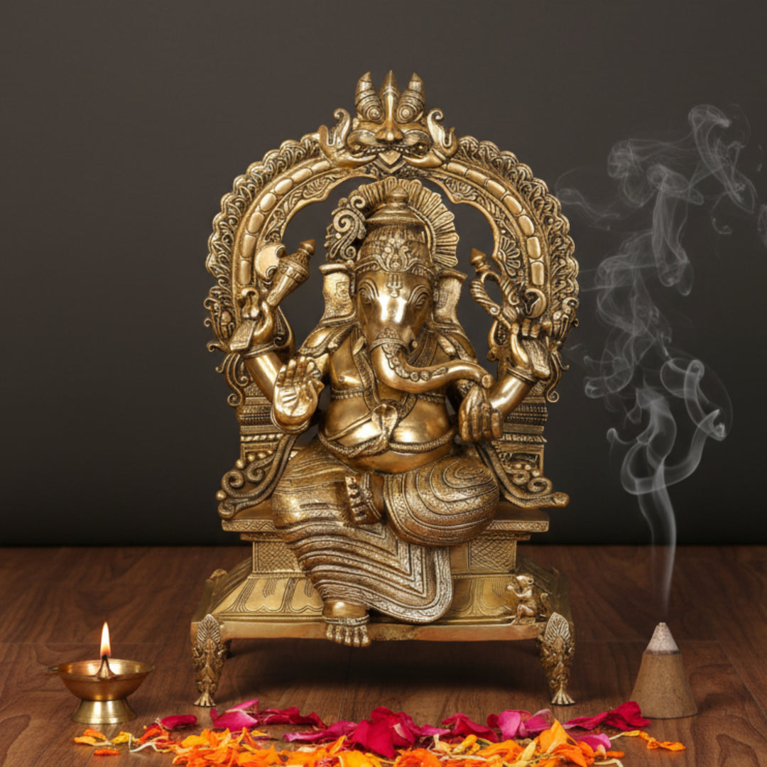 Brass Large Ganesha Statue Sitting On Throne For Home Decor 2.5 Feet 461202