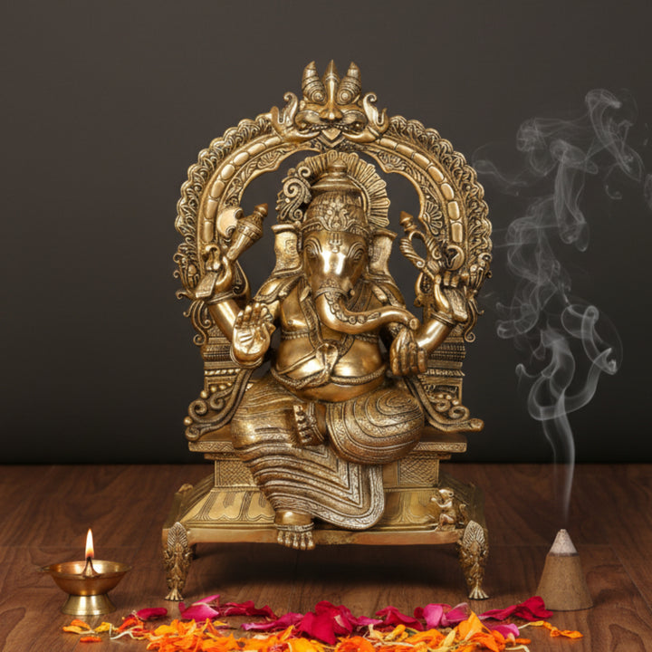 Brass Large Ganesha Statue Sitting On Throne For Home Decor 2.5 Feet 461202