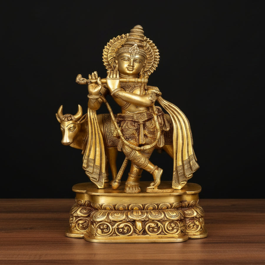 Brass Large Krishna Idol With Cow Golden Finish 20 Inch 460062