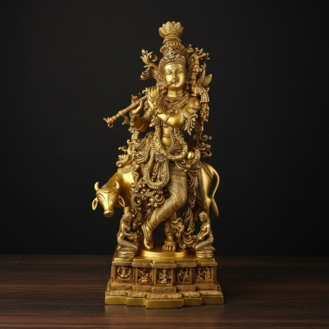Brass Large Krishna Idol With Cow Golden Finish For Home Decor 28 Inch 445900