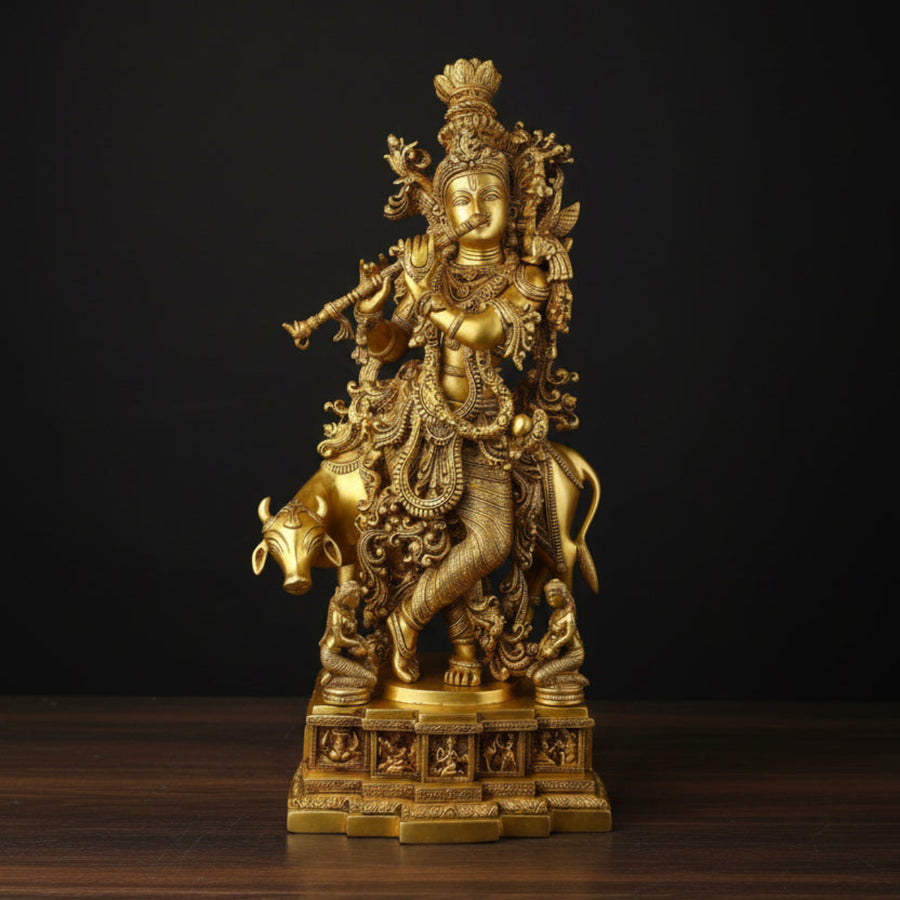 Brass Large Krishna Idol With Cow Golden Finish For Home Decor 28 Inch 445900