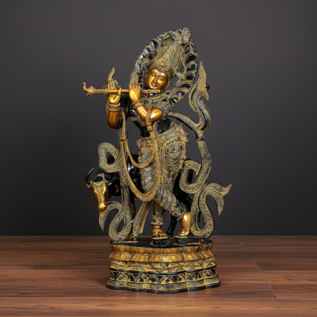 Brass Large Krishna Idol With Cow Religious For Home Decor 3 Feet 117500