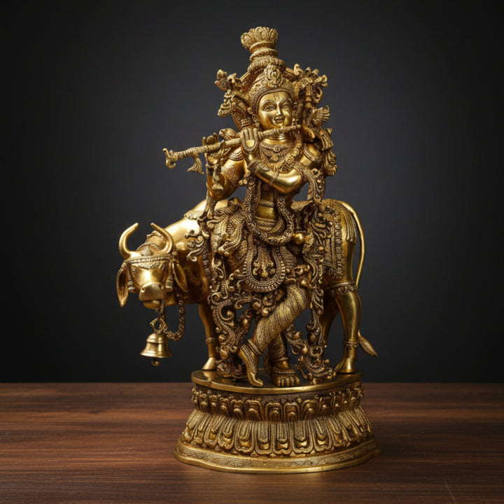 Brass Large Krishna Idol With Cow Sculpture For Home Decor 29 Inch 252100