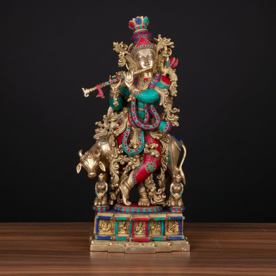 Brass Large Krishna Idol With Cow Stone Work For Home Office Decor 28 Inch 461212