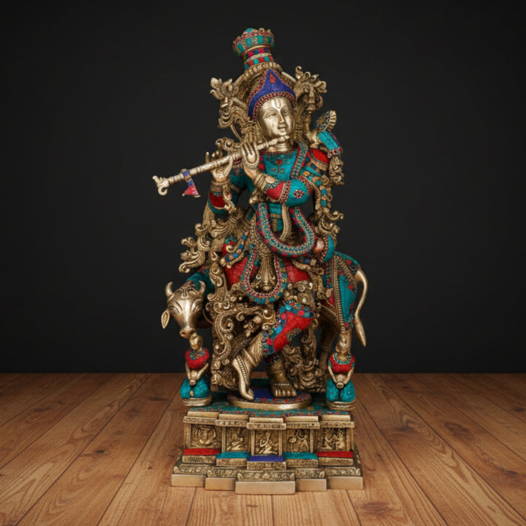 Brass Large Krishna Statue With Cow Stone Work For Home Decor 28 Inch 459805