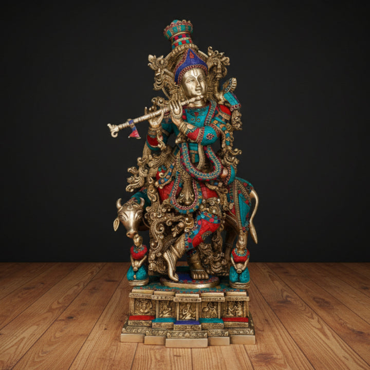 Brass Large Krishna Statue With Cow Stone Work For Home Decor 28 Inch 459805