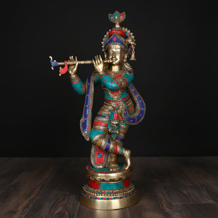 Brass Large Lord Krishna Idol Fine Stone Work For Home Decor 3 Feet 459837