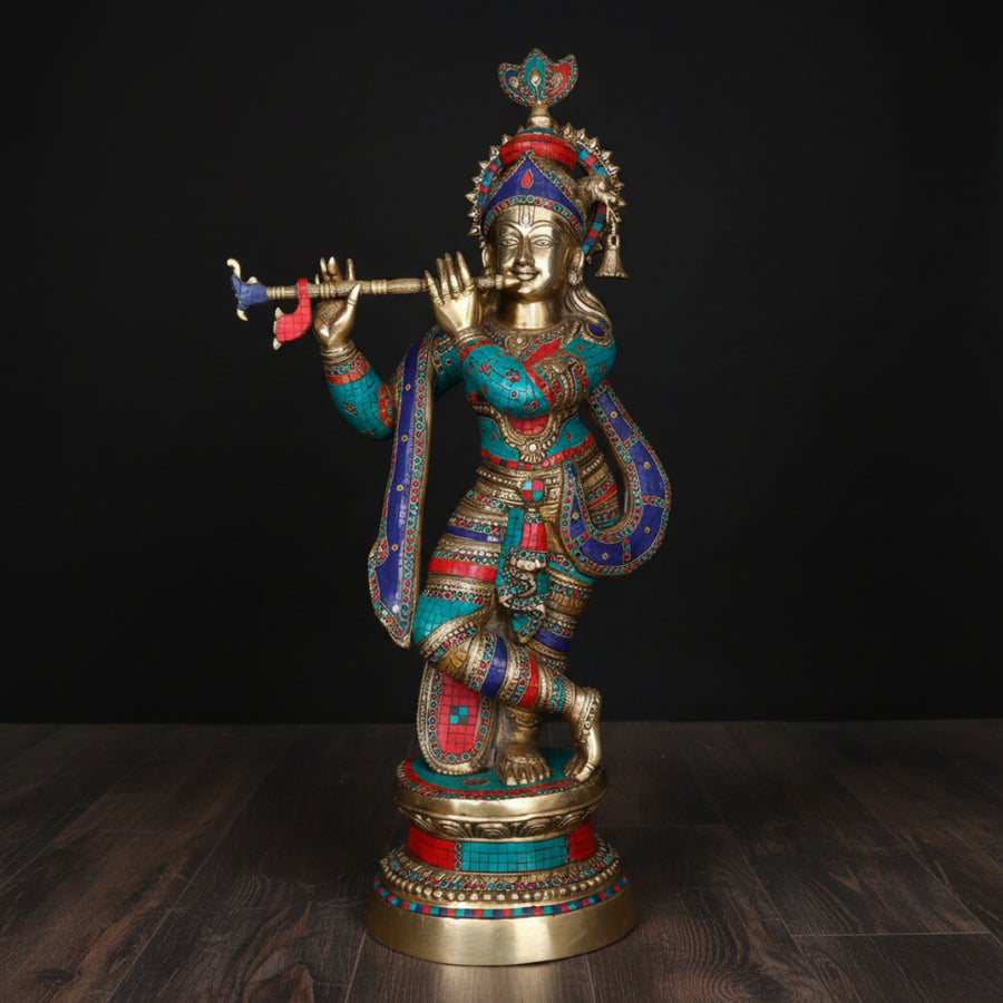 Brass Large Lord Krishna Idol Fine Stone Work For Home Decor 3 Feet 459837