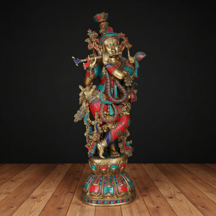 Brass Large Lord Krishna Idol Fine Stone Work For Home Decor 4 Feet 459836