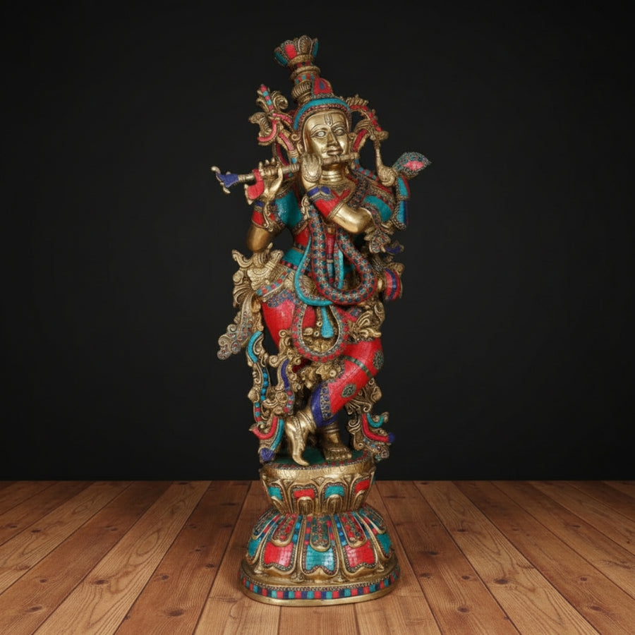 Brass Large Lord Krishna Idol Fine Stone Work For Home Decor 4 Feet 459836