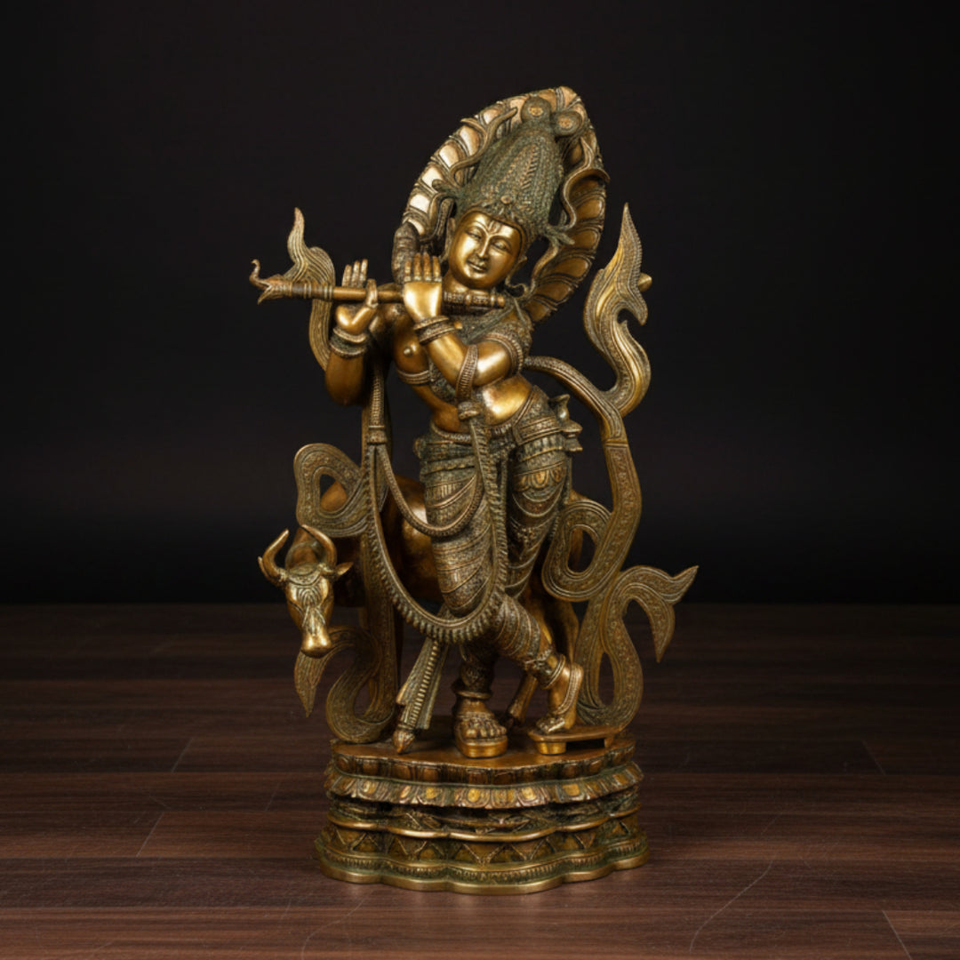 Brass Large Lord Krishna Statue With Cow Antique Finish 3 Feet 252500